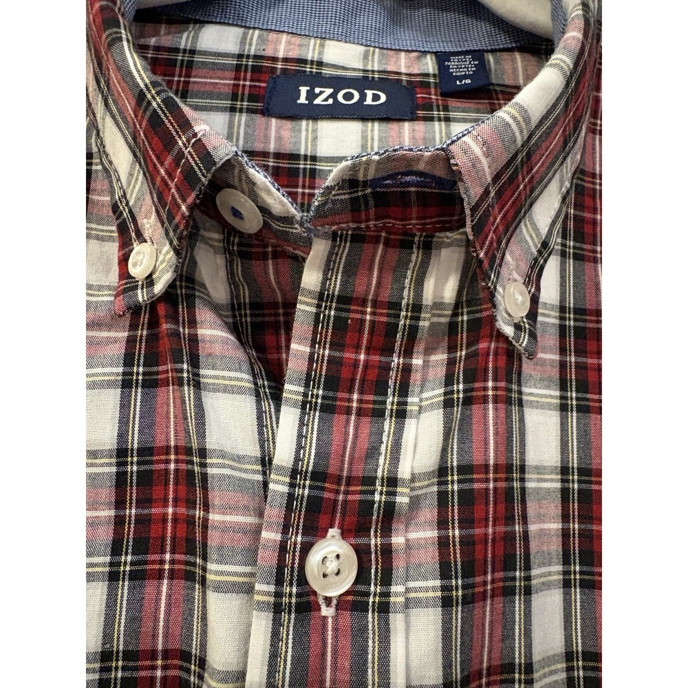 IZOD Mens Long Sleeve Tartan Holiday Plaid Button Down Shirt Red White Large